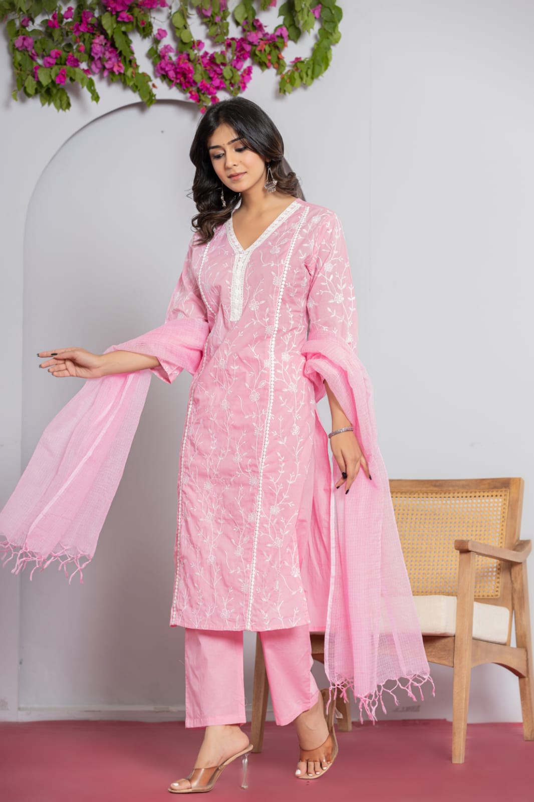 Blush Pink Chikankari-Style Embroidered Suit Set