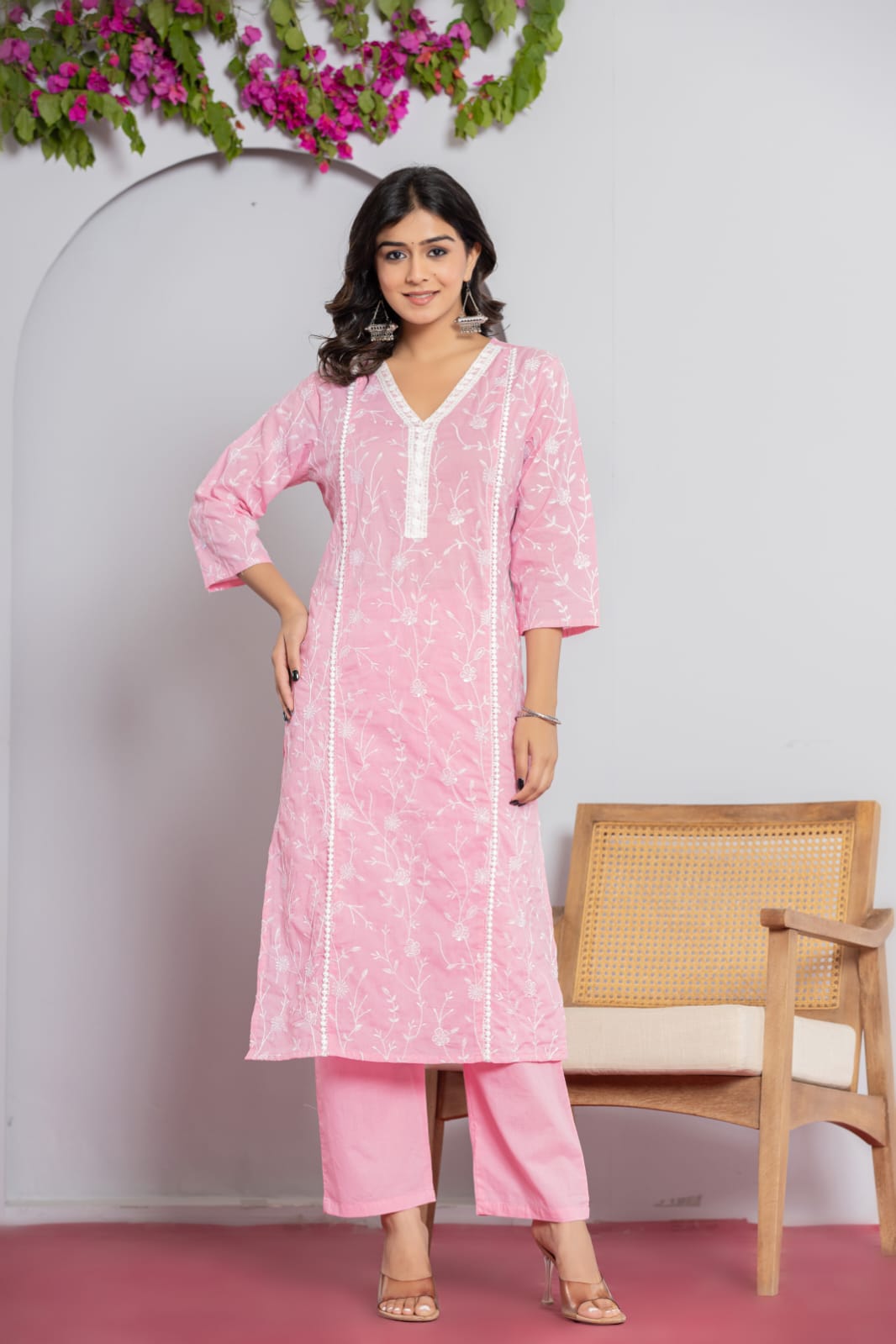 Blush Pink Chikankari-Style Embroidered Suit Set